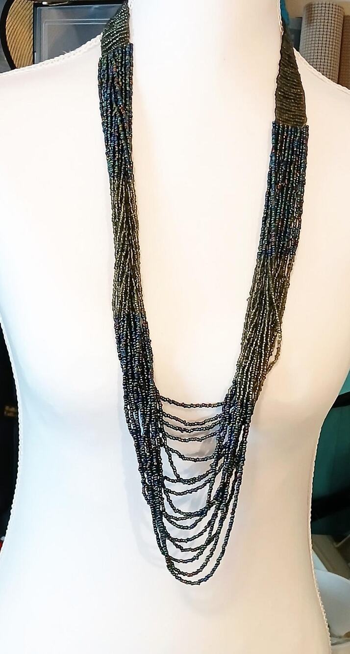 Vintage Multi-Strand Dark Metallic Seed Beaded Statement Necklace